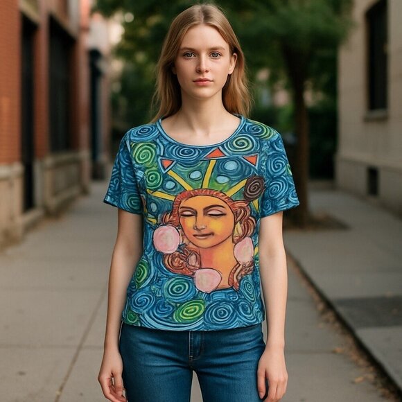 Life Style Tops - LIFE Style Blue Pullover Crew Neck Short Sleeve Wearable Art T-Shirt Size Small